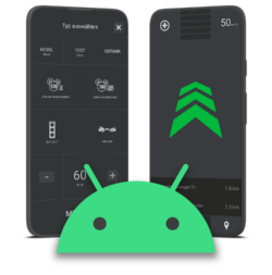 Zwei Android Smartphones zeigen Screenshots der Blitzer.de PRO App für das Betriebssystem Android. Im Vordergrund ist das grüne Android Logo zu sehen.
