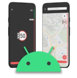 In dieser Preview stehen zwei Phones senkrecht nebeneinander und zeigen die Ansichten Klassik und Karte mit Warnungen der Blitzer.de PRO App für das Betriebssystem Android. Im Vordergrund ist das grüne Android Logo zu sehen.