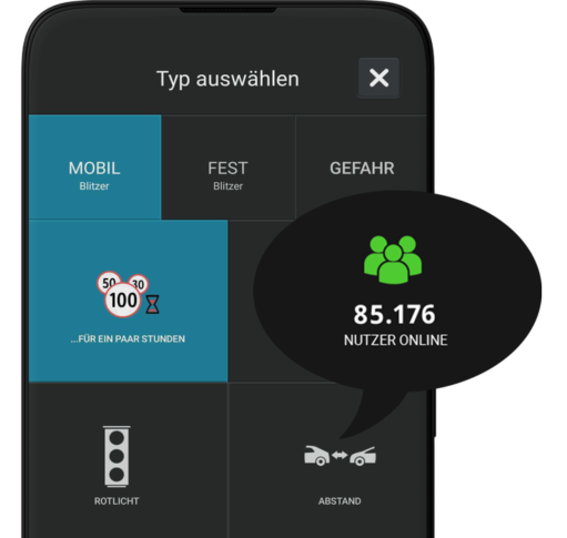 Das Smartphones zeigt den Bildschirm zum Melden eines mobilen Blitzers. Die Blitzer-Apps für Android zeigen auch die Anzahl der Nutzer an, die zeitgleich mit den Apps online sind.