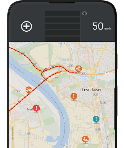 Die Verkehrslage-Karte in der App Blitzer.de PLUS zeigt alle Standorte von Blitzern und Gefahren mit unterschiedlichen Icons/Pins an.