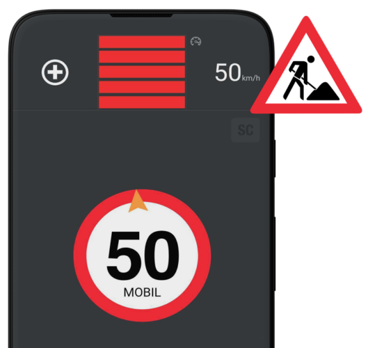 Die Blitzer-Apps für Android zeigen ein Schild mit einer 50 bei Annäherung an einen 50er Blitzer. Oben zeigen fünf rote Balken die Distanz zum Blitzer an.