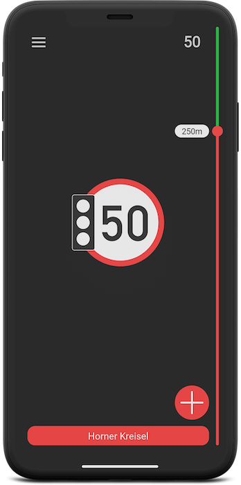 Ein schwarzes Smartphone zeigt die Blitzer.de App im Klassik-Modus. Die App warnt vor dem Blitzer am Horner Kreisel in 250 Metern. Der Blitzer kontrolliert Rotlicht und die Geschwindigkeit 50 km/h.